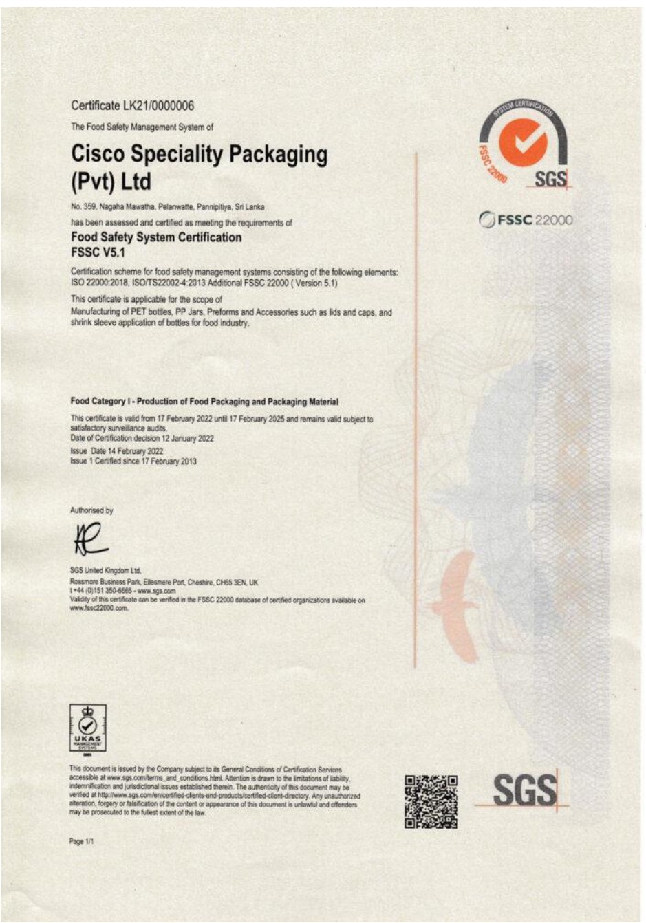 Food Safety System certification for Cisco Speciality Packaging Private Limited